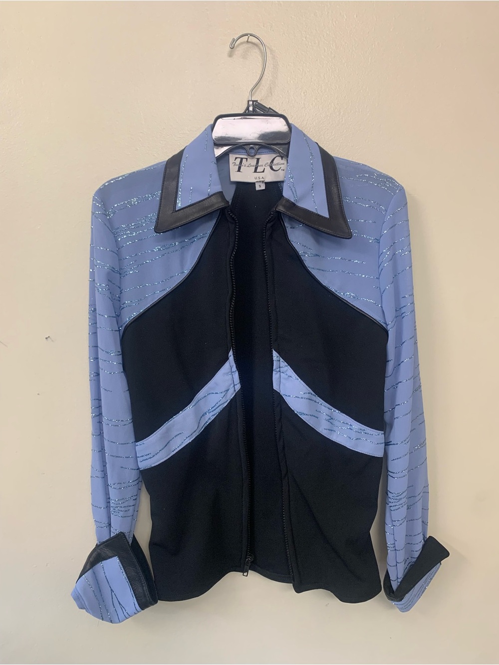 TLC Powder Blue and Black Panel Zip-Front Button-Down Top